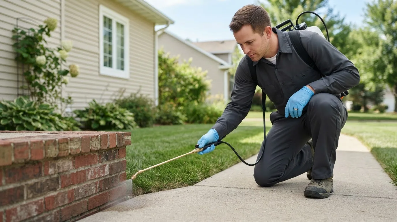 Pest control technician treating a home near Oxford, ME